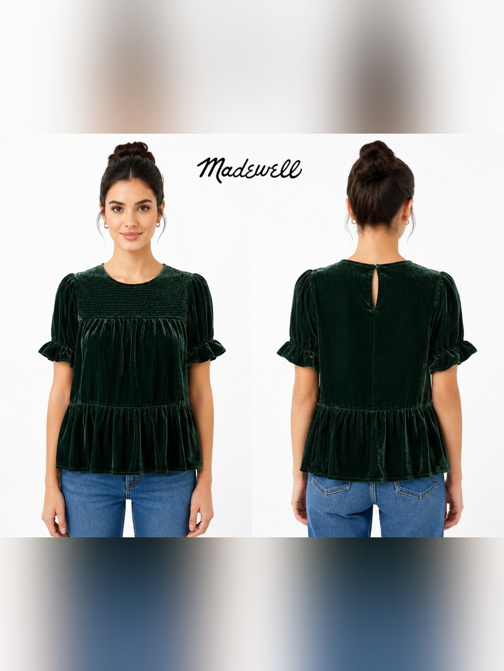 Madewell Deep Forest Green Velvet Peplum Blouse Smocked Puff Sleeve M